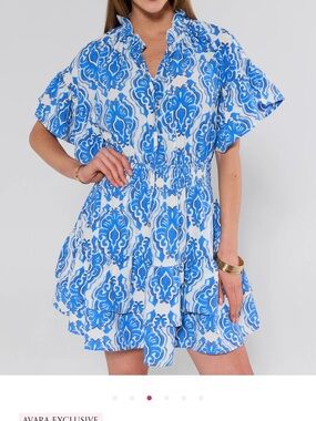 Blue Printed Short Sleeve Tiered Summer Dress